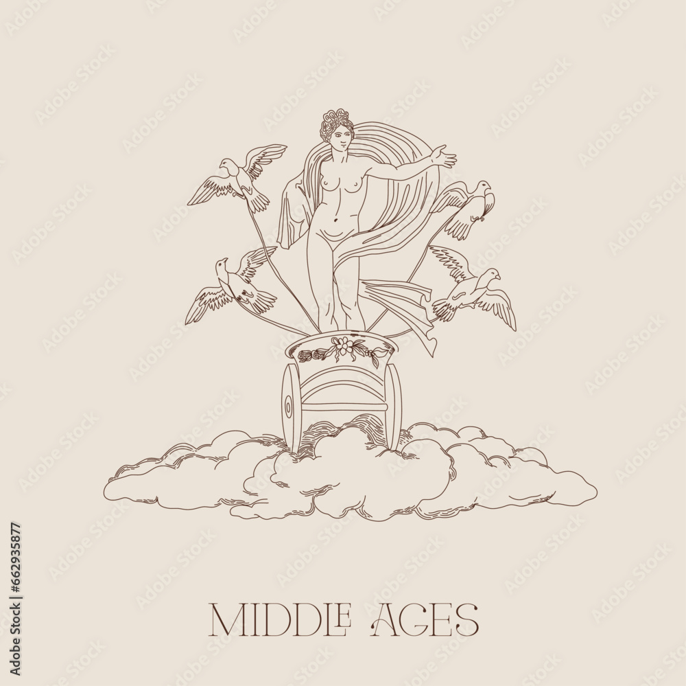 Fototapeta premium Vector Goddess Venus Sketch Logo Middle Ages Sketch Drawing Girl Angel Valentine's Day
