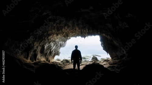 Silhouette of a man in a cave. Successful path concept.