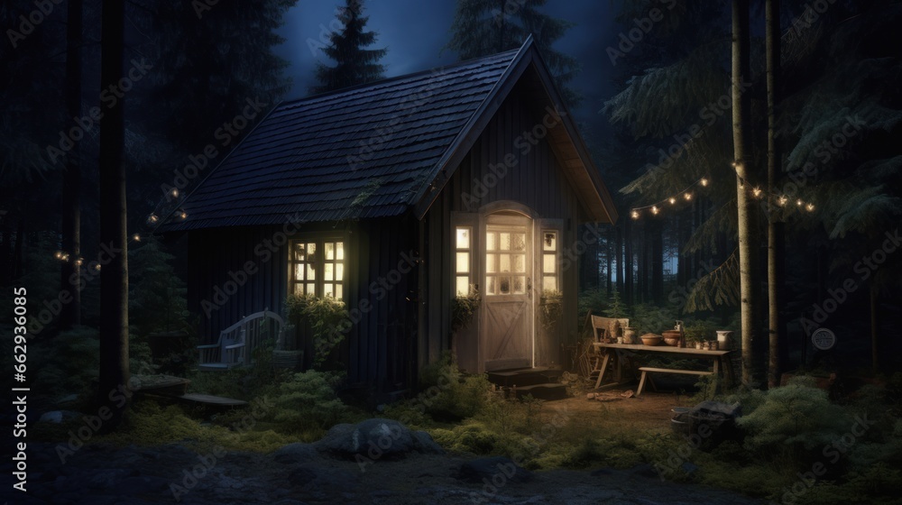 Mattepainting background shed in the forest heroic fantasy halloween witchy video game night scary stary scandinavian sky