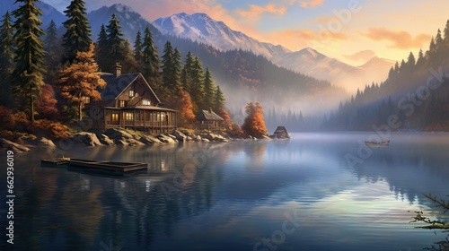  a painting of a lake with a house and a boat. generative ai