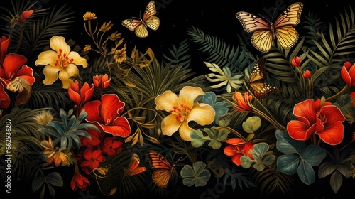 beautiful composition of tropical plants in jungle in a delicate painting style with butterflies and birds  close up atmosphere  reworked and enhanced ai generated illustration