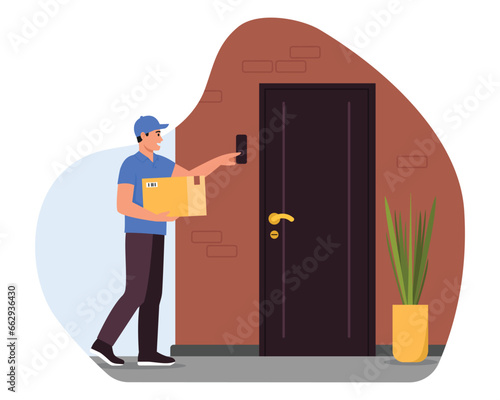 Vector illustration of a smiling courier with a parcel. Cartoon scene with a courier holding a parcel and pressing the doorbell button to the customer isolated on a white background.