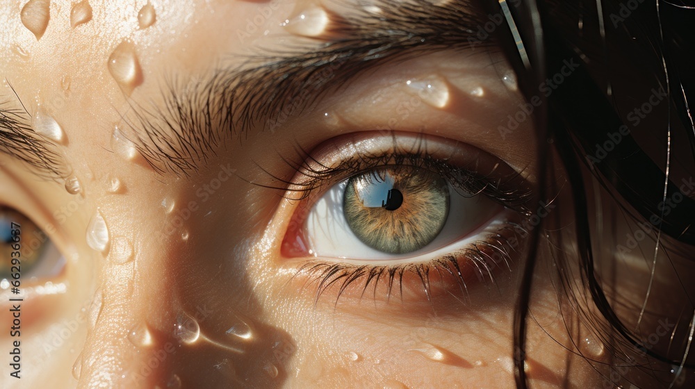 Eye of a fashion caucasian swedish french woman girl female model with makeup and blue eyes, looking fierce charming and powerful, reworked and enhanced ai generative photography of a not real person. Eye of a fashion caucasian swedish french woman girl female model with makeup and blue eyes, looking fierce charming and powerful, reworked and enhanced ai generative photography of a not real person.