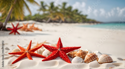 red starfish ,seashells and palm leaf on the white sand with blurred beach background