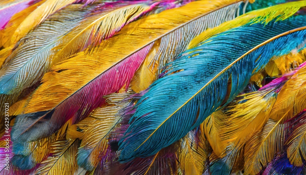 Abstract Vibrant Exotic bird Feathers: A Shiny carnival Bohemian Style Banner Background - Generative AI - obrazy, fototapety, plakaty 
