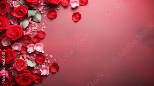 Romantic Valentine background with red rose flowers, beautiful grid and blurred effect, and copy space © Matthew
