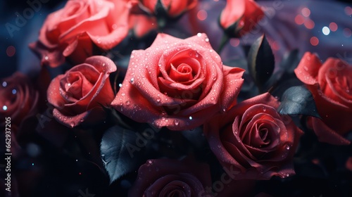 Romantic Valentine background with red rose flowers  beautiful grid and blurred effect  and copy space