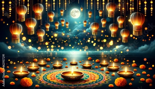 Background representing the Diwali festival Glowing diyas or clay lamps cast a warm golden hue