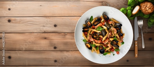 Delicious seafood pasta salad with spinach served on a white dish with vintage fork caramelized balsamic vinegar lemon slices on a rustic table With copyspace for text