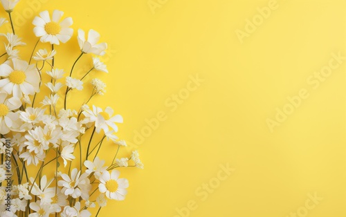 White chamomile flowers on yellow background. Flat lay, top view photo