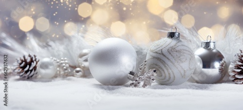 Festive christmas ornaments advent celebration holiday banner greeting card - Silver gold christmas baubles balls, pine cones and branch on snow table, with sky and snowflakes in background