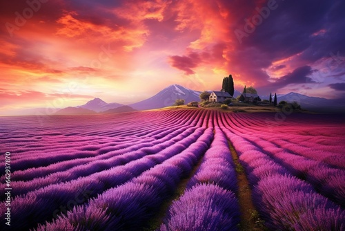 Beautiful purple field with mesmerizing colors. Generative AI