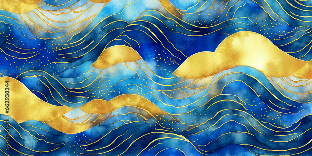 Magical fairytale ocean waves art painting. Unique blue and gold wavy swirls of magic water. Fairytale navy and yellow sea waves. Children’s book waves cartoon illustration for kids nursery  - obrazy, fototapety, plakaty 
