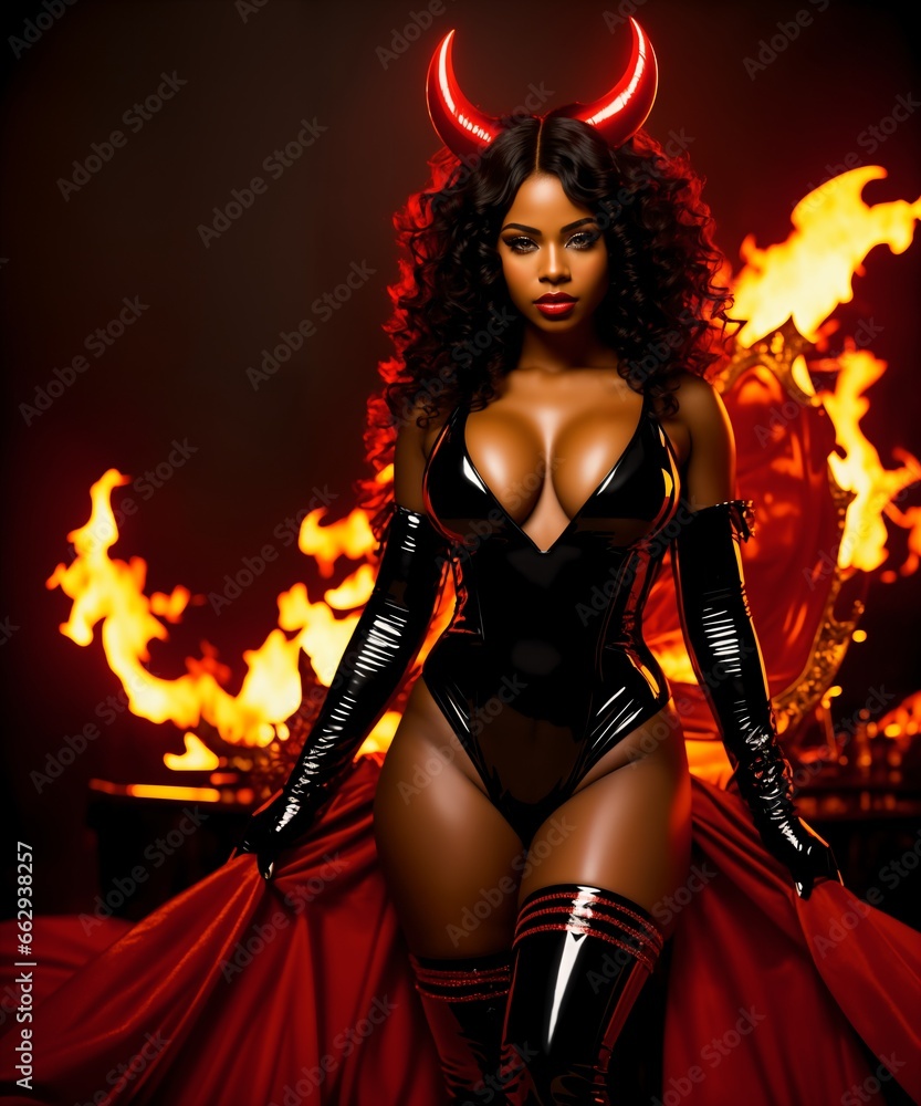 Sexy brunette woman in erotic lingerie over fire background. Halloween.