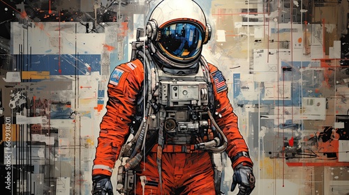 sztuka komputerowa kosmonauty w skafandrze na amstrakcyjnym obrazie