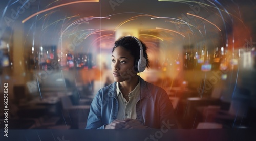 An Employee in the Office Wearing Headphones, Diligently Checking a Video Call on Their Laptop Screen, Prioritizing Clear Communication and Remote Collaboration