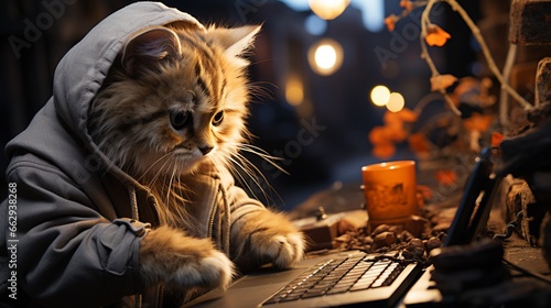 A cat diligently working on a laptop.