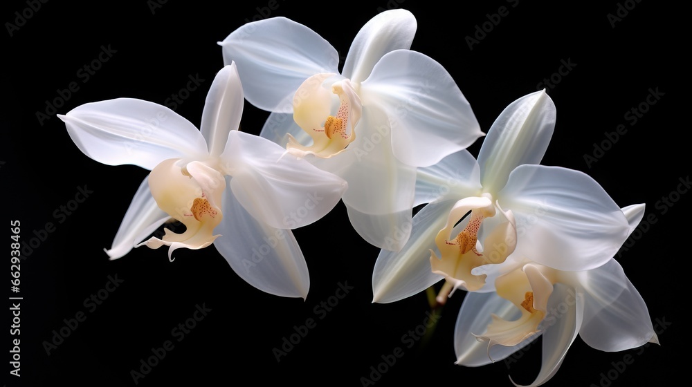 Fototapeta premium three white orchids with yellow centers on a black background. generative ai
