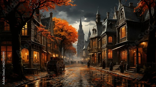 Trick or Treaters on a Cobblestone Street - Halloween