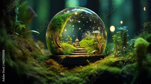  a snow globe with a house inside of it in the middle of a forest.  generative ai