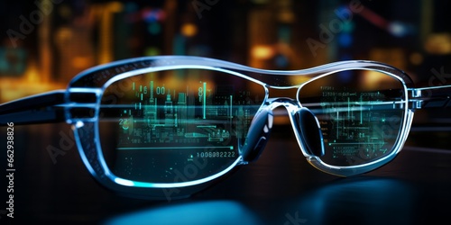 A Pair of High-Tech Eyeglasses on a Table, Displaying Digital Information in a VR-Style Interface, Bridging the Worlds of IoT, Smart Home Control, and Cutting-Edge Entertainment