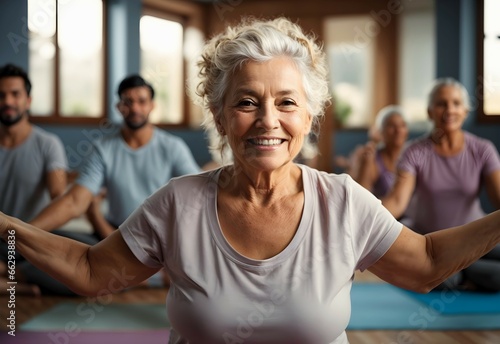 Portrait of beautiful elderly woman enyojing at yoga class, healthy lifestyle concept, active seniors background 