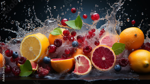 Fruits on black background with water splash © alexkich