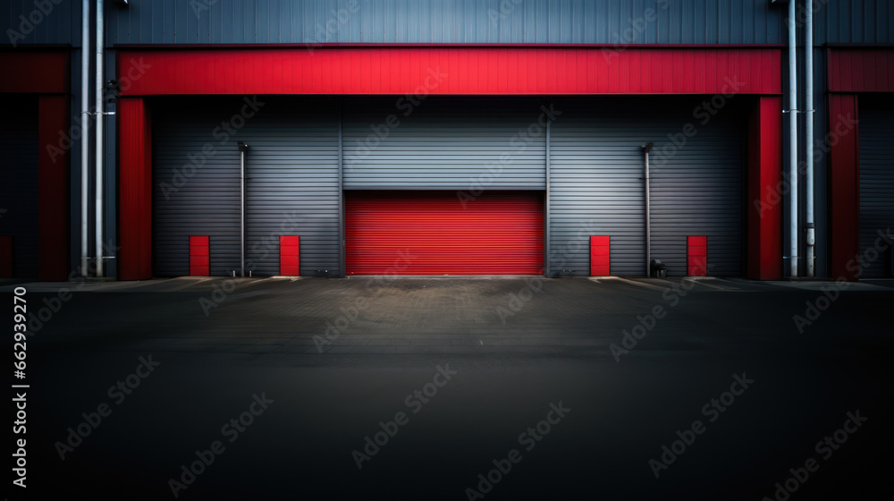 Closed gray red roller shutters, closed storage area or garage, warehouse space Closed gray red roller shutters, closed storage area or garage, warehouse space