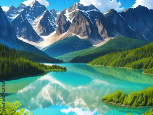 A beautiful view of mountains  trees  nature  lakes  etc