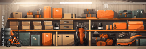 Storing things in the basement of the house or in a special container room, pantry or storage shed, shelving for things that are rarely used, banner illustration