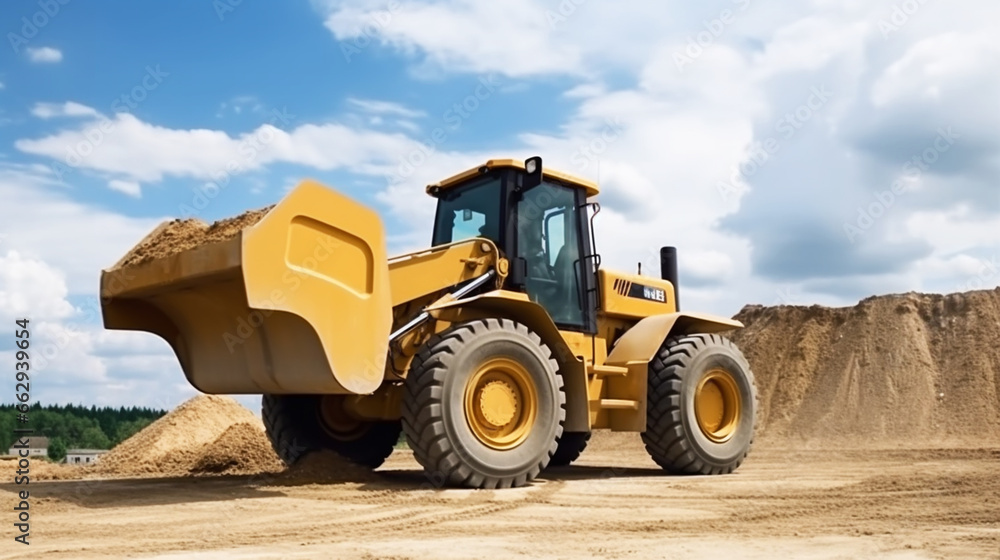 Sand quarry, excavating equipment, bulldozer