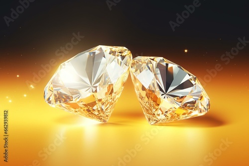 Two diamonds on yellow gradient background with sparkle. 3D render. Generative AI