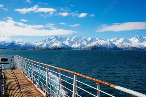 Scenic landscape of rocky islands  snow-capped mountains  and blue sky viewed from a ship deck. Generative AI