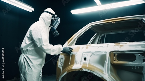 An auto repairman painter wearing protective workwear
