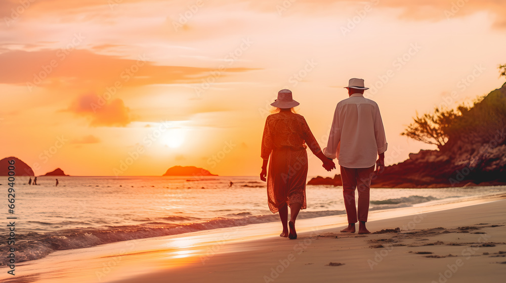 Un couple de personne âgées en vacances en train de marcher sur une plage avec un coucher de soleil. Un couple de personne âgées en vacances en train de marcher sur une plage avec un coucher de soleil.