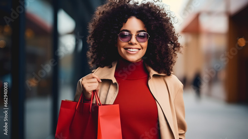 Une femme heureuse, sortant d'un magasin après un achat. Dans ses mains, un sac de shopping. 