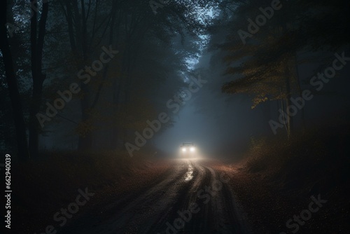 a nighttime drive through a misty country woodland. Generative AI