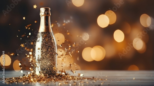 Bottle of champagne on gold glitter background with bokeh and falling glitter. New year eve, Christmas party banner template with copy space for text