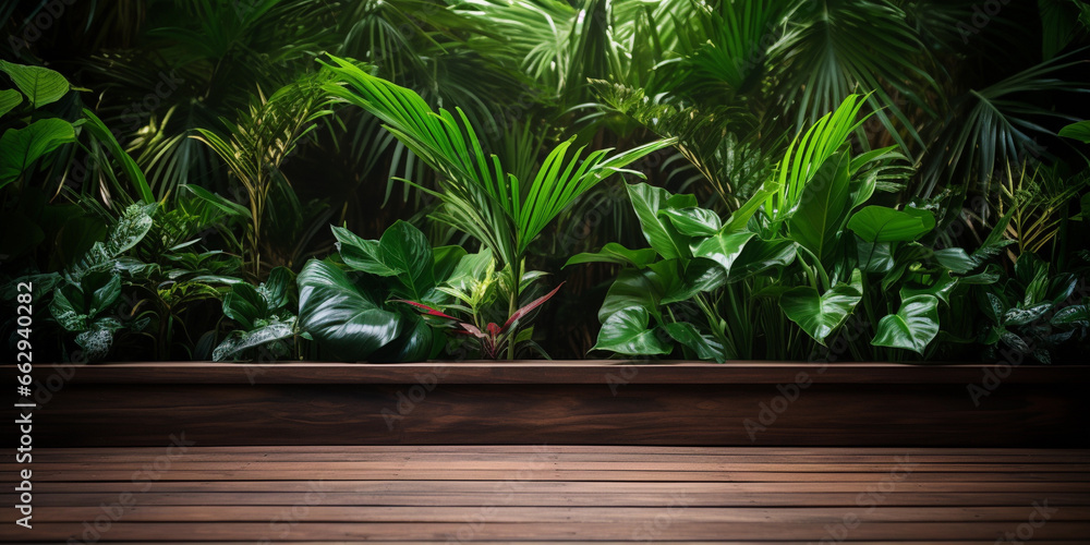 Smooth wooden surface against a background of tropical leaves. Smooth wooden surface against a background of tropical leaves.