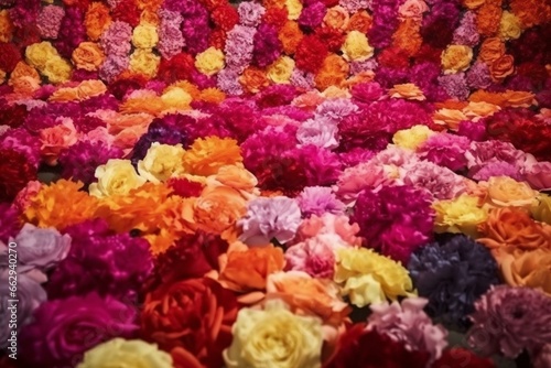 Vibrant, romantic flower wall with colorful carnations. 3D render. Generative AI