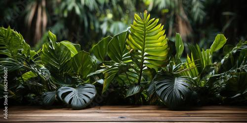 Smooth wooden surface against a background of tropical leaves.