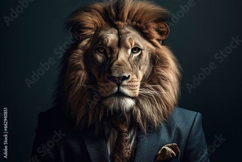 lion boss in a business suit,smart lion businessman, managing business lion in stylish expensive suit, generative ai