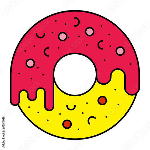 leavened fried dough with Melting Jam concept, Ring Shaped Glazed doughnut vector icon design, Bakery and Baked Goods symbol, Culinary and Kitchen  sign, Recipe development stock illustration