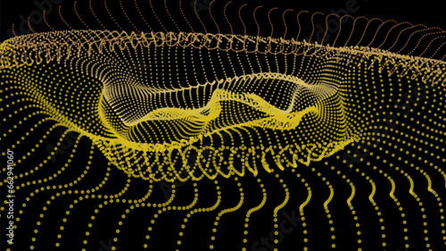 Energy net flows. Dot particle lines penetrating fog. Neon lights plexus of knots. Curved node row space infinity. Linking funnel universe parameters. Background information technology presentation.