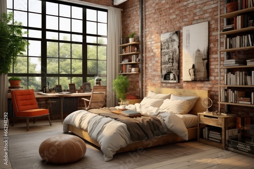interior of a hotel room in loft eclectic style