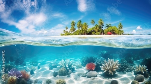 Separation of the image above and below the surface of the sea. Tropical islands and blue sky on the horizon. Sea corals on the sand under clear water. Underwater World. Illustration for cover, design
