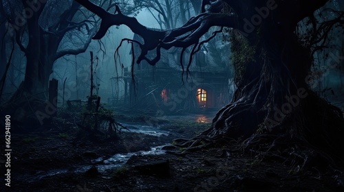 A wooden house at night with glowing windows. An old haunted house in a dark forest. Mystical scene. Halloween. Illustration for cover, postcard, greeting card, interior design, decor or print.