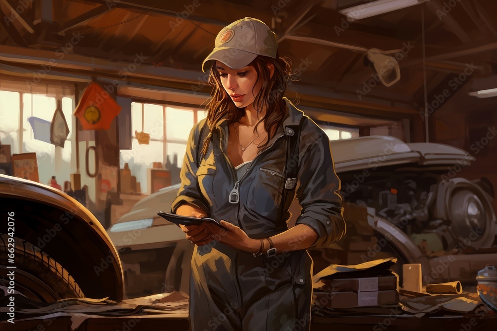 Seductive Car mechanic sexy woman garage. Motor inspection. Generate Ai - obrazy, fototapety, plakaty 