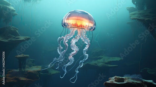  a jellyfish swimming in an aquarium with a lot of water.  generative ai © Anna