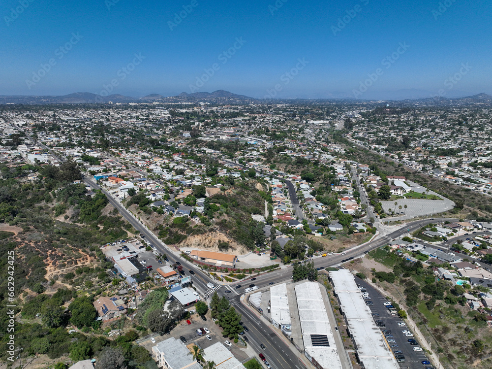 Aerial view of residential houses and condos in South San Diego neighborhood, California, USA.